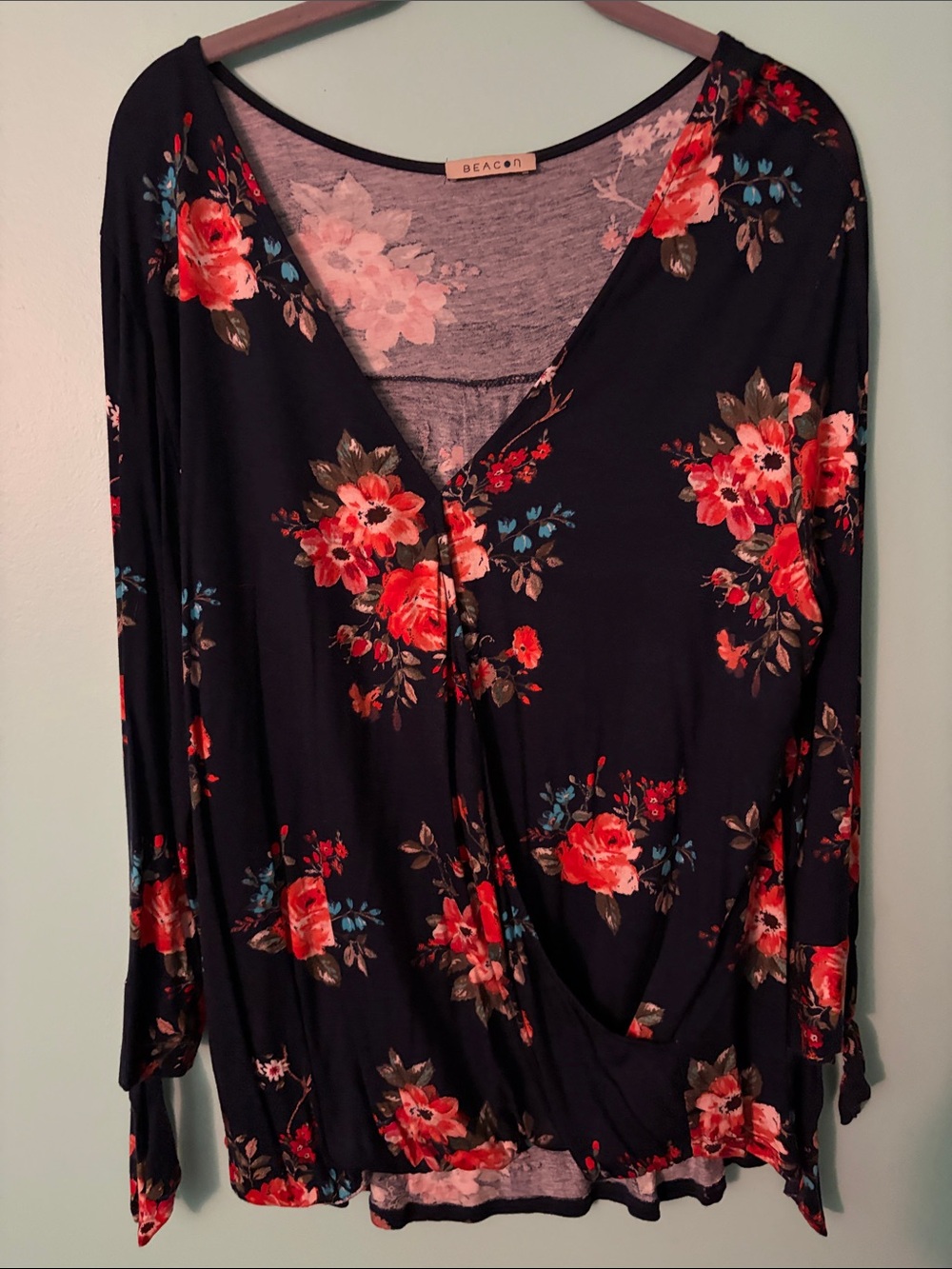 Beacon Black Long-Sleeve Floral Surplice Top
